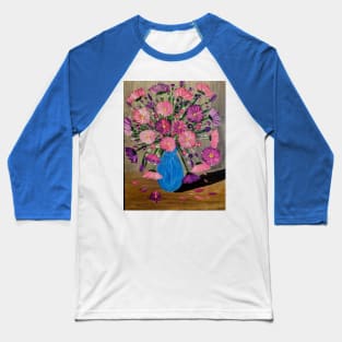 Vibrant pink and purple flowers bloom tall in a striking blue vase, adorned with touches of metallic paint for an extra shimmer Baseball T-Shirt